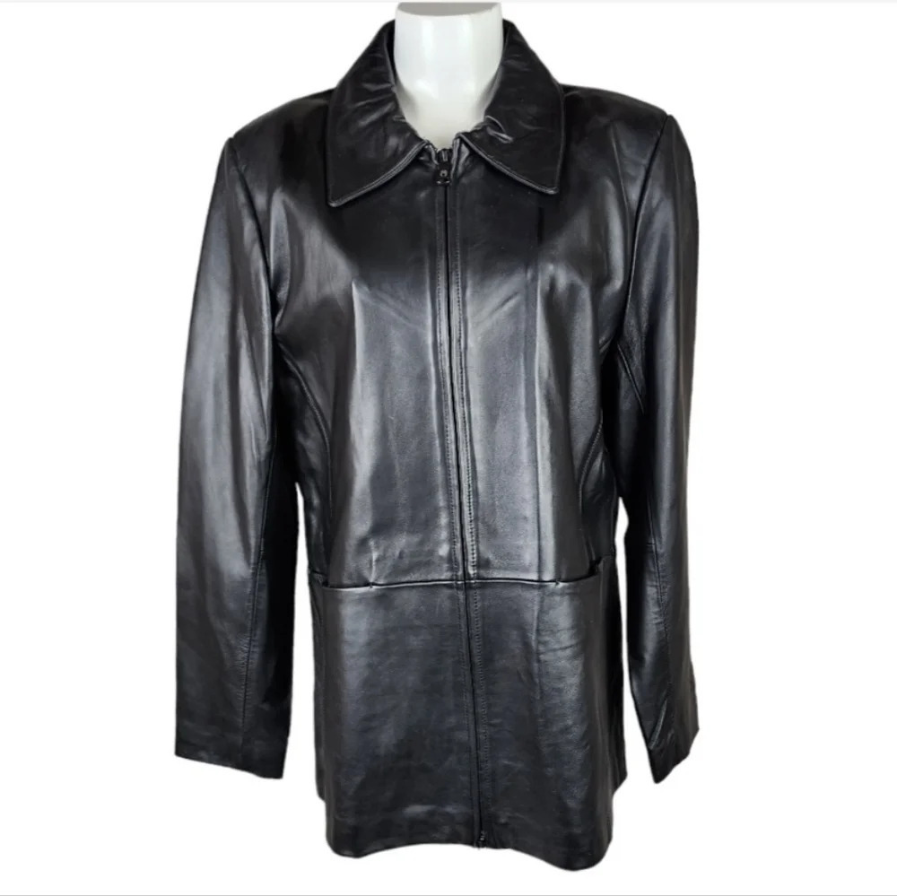 Vintage Leather Jacket Hip Length Double Zip Front  Black Size Large
